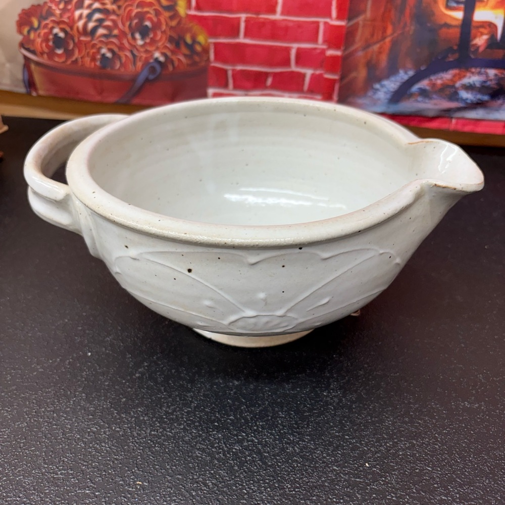 Vintage stoneware mixing bowl with handle and spout